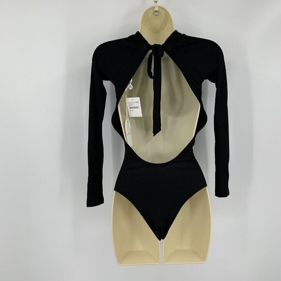 LNA keyhole back open tie ribbed black bodysuit knit long sleeve new Small - Picture 3 of 4